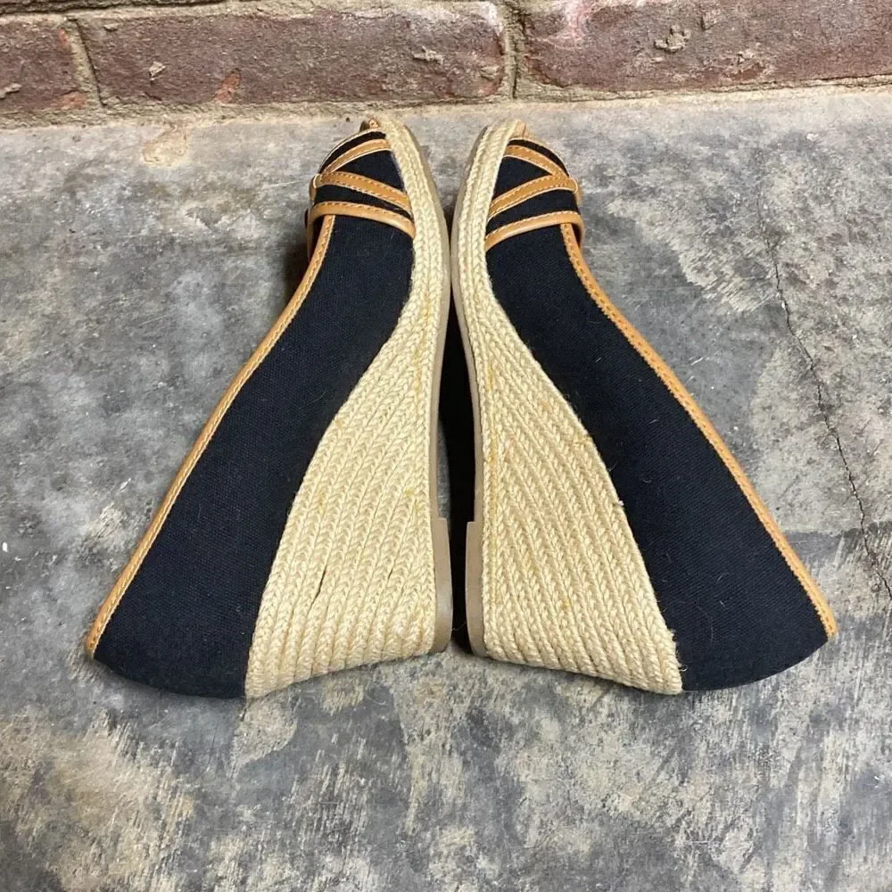 Sahara Ellison Black & Tan Espadrille Open Toe Wedge Size 9